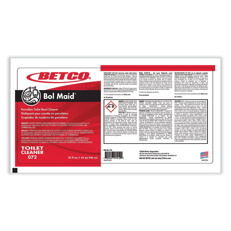 BETCO CORPORATION Bol Maid, Mint Scent, 32 oz Bottle, 12/Carton (BET721200)