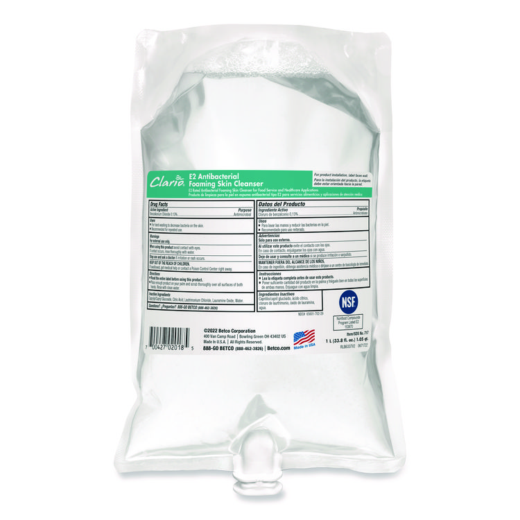 BETCO CORPORATION E2 Antibacterial Foaming Skin Cleanser Refill, Fragrance-Free, 1,000 mL, 6/Carton (BET7172900)