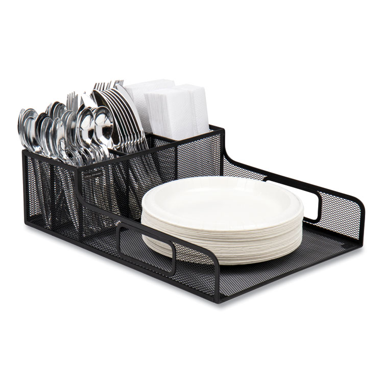 EMS MIND READER LLC Network Collection Utensil, Napkin and Plate Countertop Organizer, 11.5 x 14.75 x 5.5, Metal, Black (EMSPSNAMESHBLK)