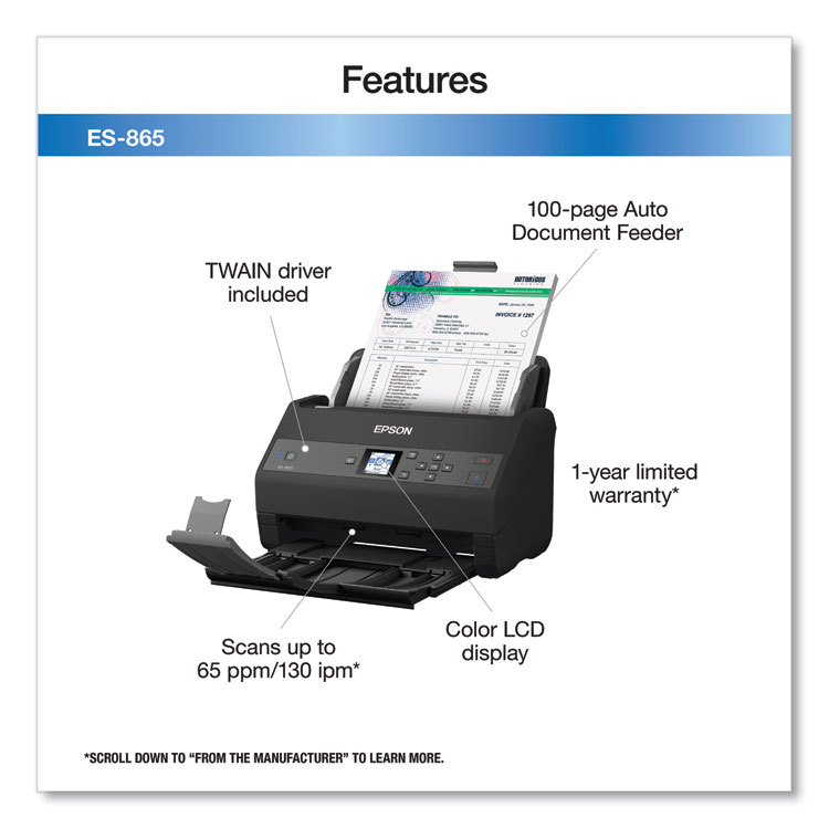 EPSON AMERICA, . WorkForce ES-865 Color Duplex Document Scanner, 600 dpi Optical Resolution, 100-Sheet Duplex Auto Document Feeder (EPSB11B250202)