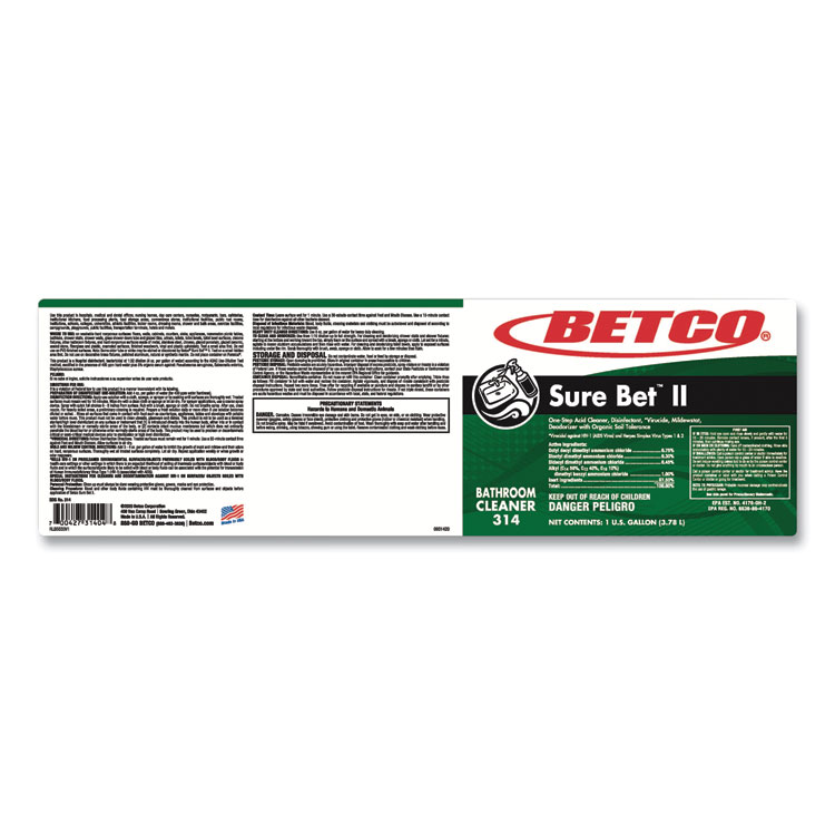 BETCO CORPORATION Sure Bet II Foaming Disinfectant, Citrus Scent, 1 gal Bottle, 4/Carton (BET3140400)
