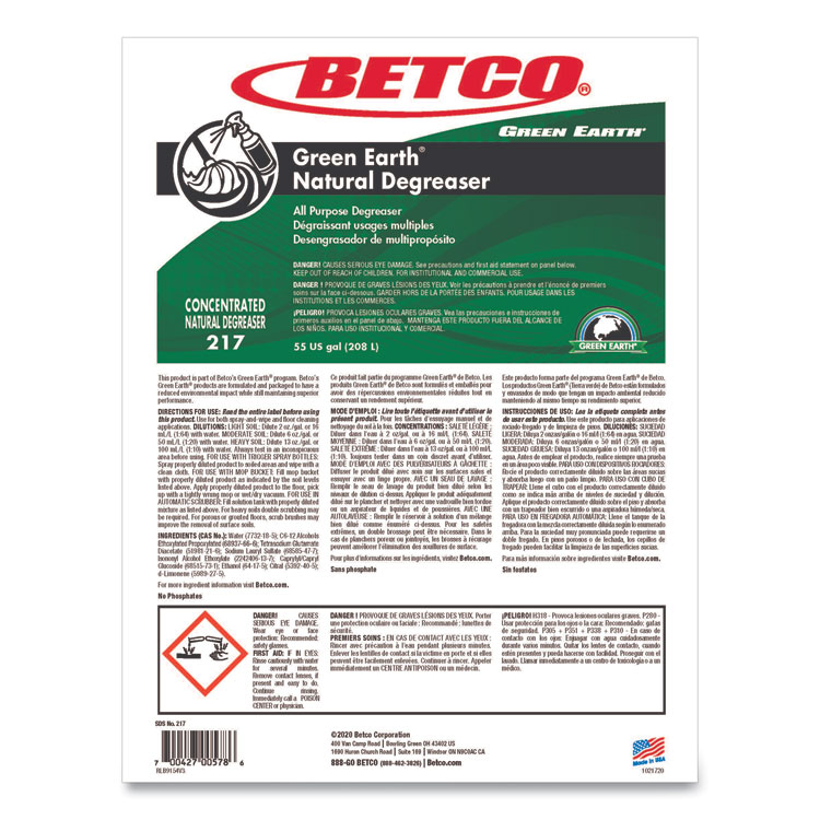 BETCO CORPORATION Green Earth Natural Degreaser, Mild Scent, 55 gal Drum (BET2175500)