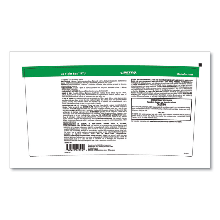 BETCO CORPORATION Fight Bac RTU Disinfectant, Fresh Scent, 5 gal Pail (BET3900500)