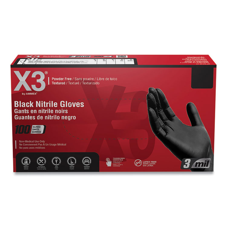 AMMEX CORPORATION Industrial Nitrile Gloves, Powder-Free, X-Large, 3 mil Thick, 9.5" Long, Black, 100/Box, 10 Boxes/Carton (AXCBX348100)