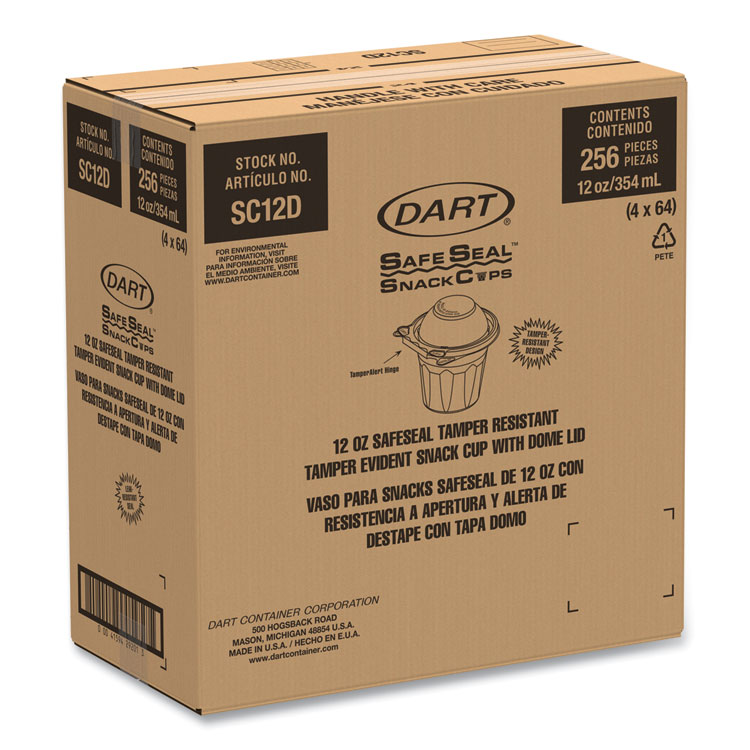 DART SafeSeal Tamper-Resistant, Tamper Evident Bowls, Dome Lid, 12 oz, 4.36 x 8.84 x 4.52, Clear, Plastic, 256/Carton (DCCSC12D)