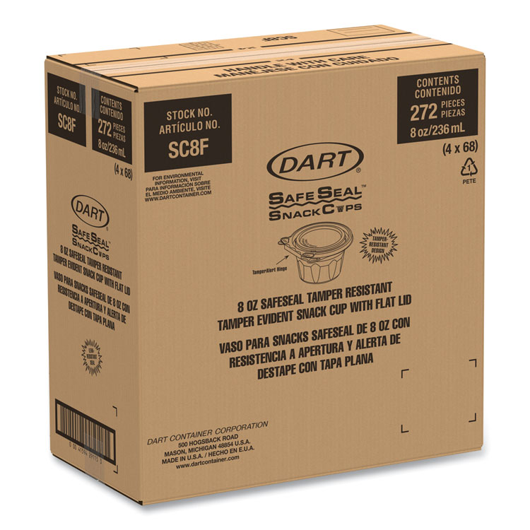 DART SafeSeal Tamper-Resistant, Tamper Evident Bowls, Flat Lid, 8 oz, 4.6 x 8.84 x 2.49, Clear, Plastic, 272/Carton (DCCSC8F)