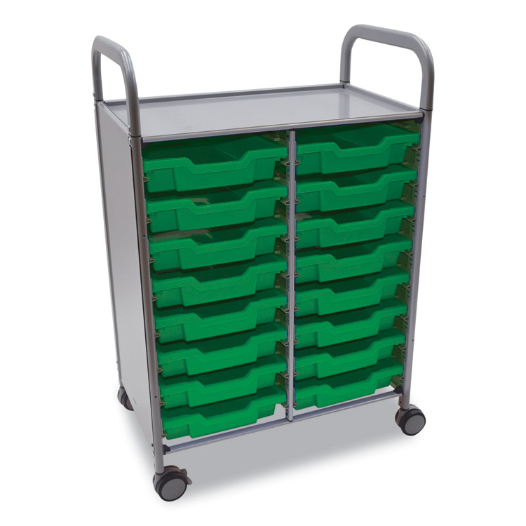 GRATNELLS USA, LLC Callero Plus Double Column Trolley Set 05, Metal, 1 Shelf, 16 F1 Shallow Bins, 27.4" x 17.3" x 41.5", Silver/Grass Green (GTSSSET054410)