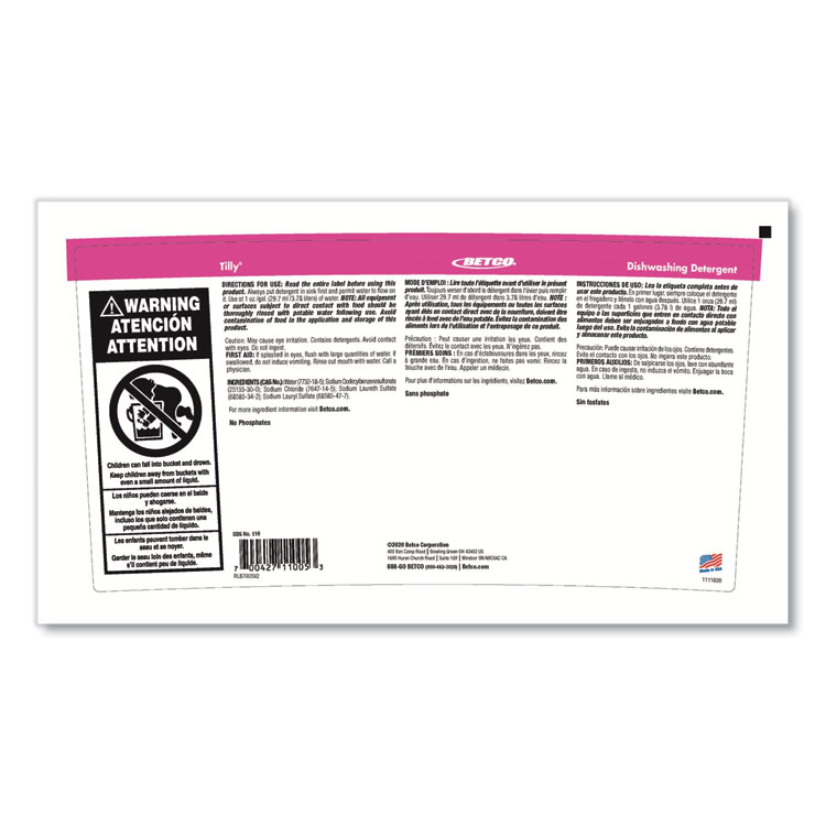 BETCO CORPORATION Symplicity Tilly Hand Dishwashing Detergent, Fresh Bouquet Scent, 5 gal Pail (BET1100500)