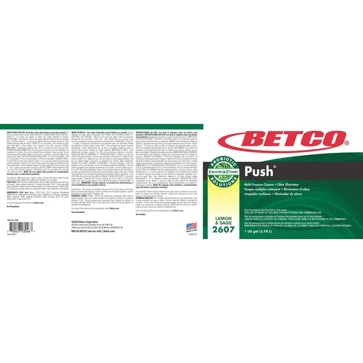 BETCO CORPORATION Green Earth Push Enzyme Multipurpose Cleaner, Lemon and Sage Scent, 1 gal Bottle, 4/Carton (BET26070400)