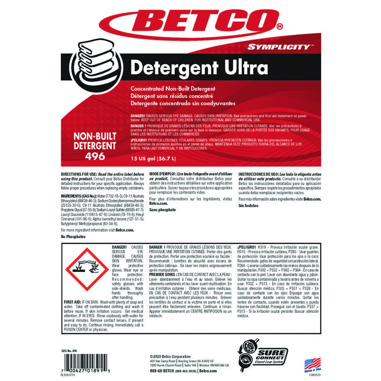 BETCO CORPORATION Symplicity Detergent Ultra, Pleasant, 15 gal Drum (BET4967700)