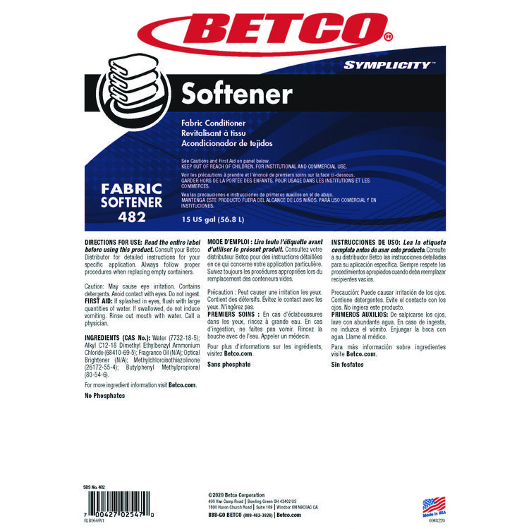 BETCO CORPORATION Symplicity Fabric Softener, Springtime Fresh, 15 gal (BET4827700)