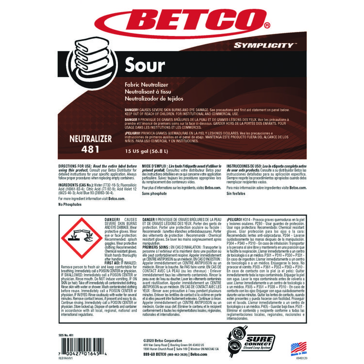BETCO CORPORATION Symplicity Sour Fabric Neutralizer, 15 gal Drum (BET4817700)